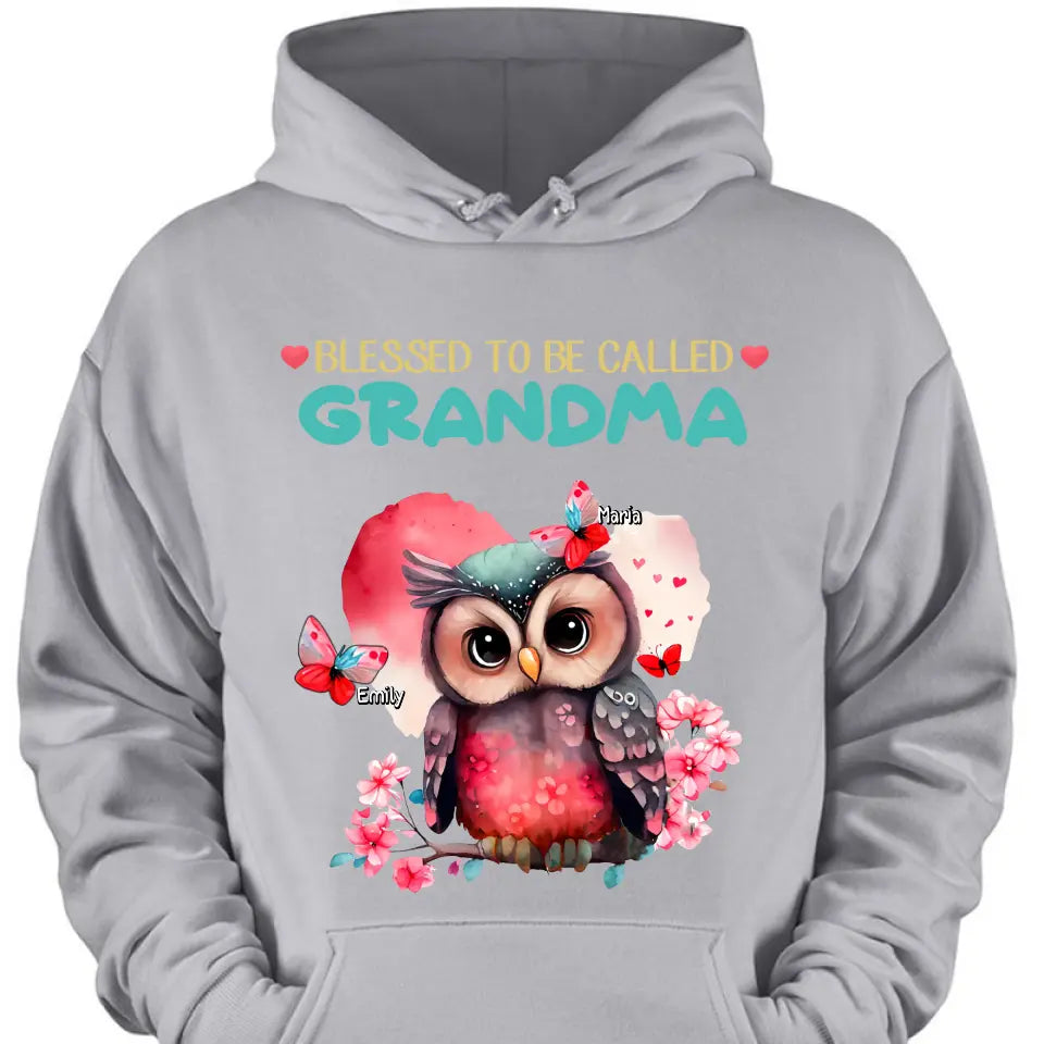 Personalized apparel "Blessed to be called Grandma Owl Butterfly" with child's name printed on it