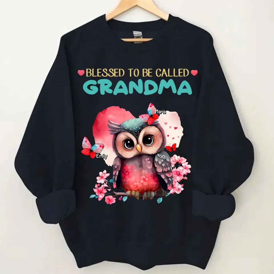 Personalized apparel "Blessed to be called Grandma Owl Butterfly" with child's name printed on it