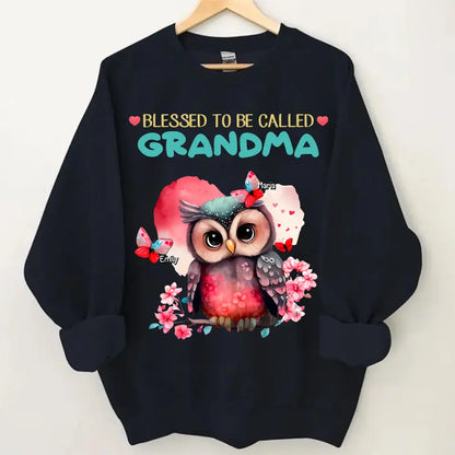 Personalized apparel "Blessed to be called Grandma Owl Butterfly" with child's name printed on it