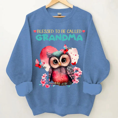 Personalized apparel "Blessed to be called Grandma Owl Butterfly" with child's name printed on it