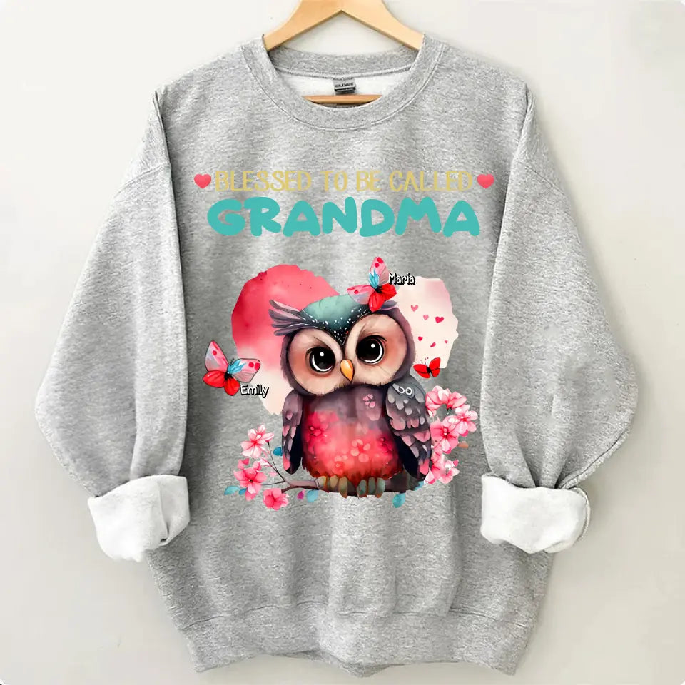 Personalized apparel "Blessed to be called Grandma Owl Butterfly" with child's name printed on it