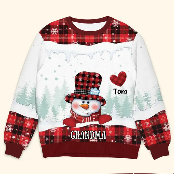 Oma-Schneemann-Herz – personalisierter, individuell gestalteter hässlicher Pullover – Weihnachtsgeschenk für Oma, Mutter, Familienmitglieder