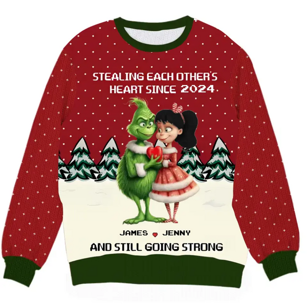 Stealing Each Other's Heart, Couple Gift, Personalized Knitted Ugly Sweater, Green Monster Sweater, Christmas Gift