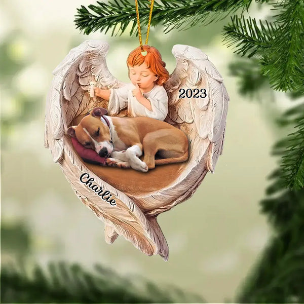 Personalized upload your sleeping dog or sleeping cat photo cherub acrylic ornament print