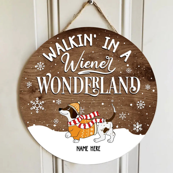 Weihnachts-Türdekoration, Geschenke für Hundeliebhaber, Walkin' In A Wiener Wonderland Dackel im Schnee, blasses Holztürschild, Geschenke für Hundemama
