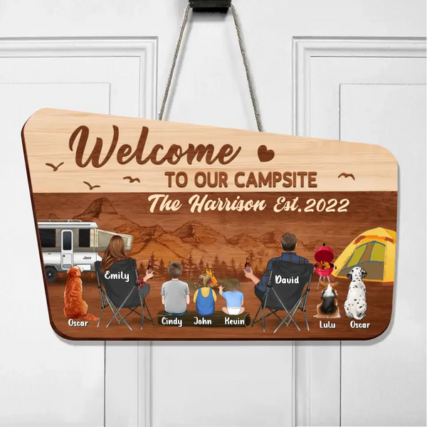 Personalized Camping Family Wooden Sign - Couple/Parents/Single Parent With Upto 3 Kids And 3 Pets - Gift Idea For Family/ Camping/ Dog/Cat Lover - Welcome To Our Campsite