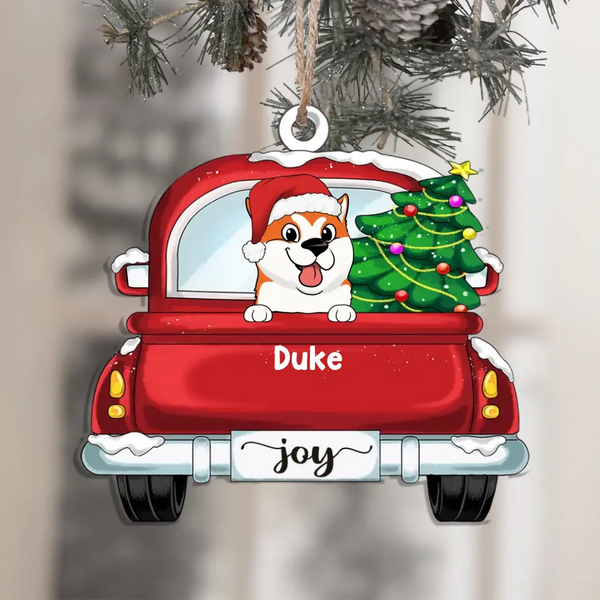 Hunde auf rotem LKW Weihnachten – personalisiertes Holzornament, Geschenk für Hundeliebhaber, Weihnachtsgeschenk, individuelles Hundeornament