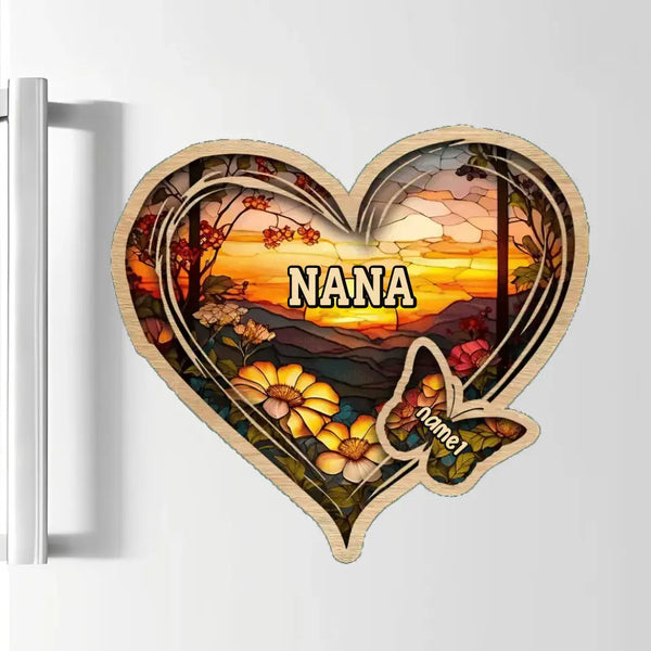 Personalized Christmas Mom and Grandma Butterfly Heart Stained Glass Pattern Magnetic Fridge Magnet