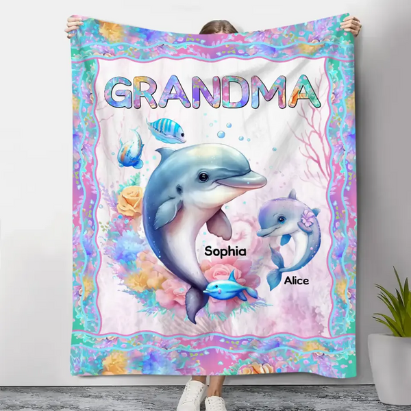 Personalized Grandma Dolphin & Kid Names Sherpa or Fleece Blanket Printed