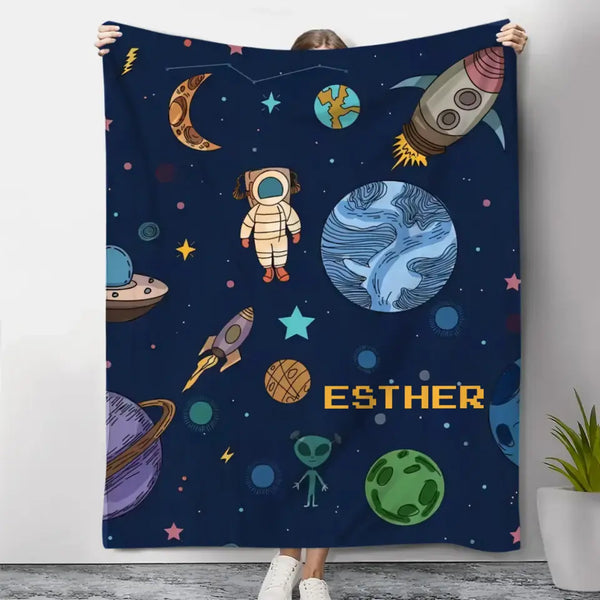 Personalized Space Rocket Baby Blanket Astronaut Throw Blanket Alien Custom Design Baby Name Blanket for Toddler Kids Girls Boy