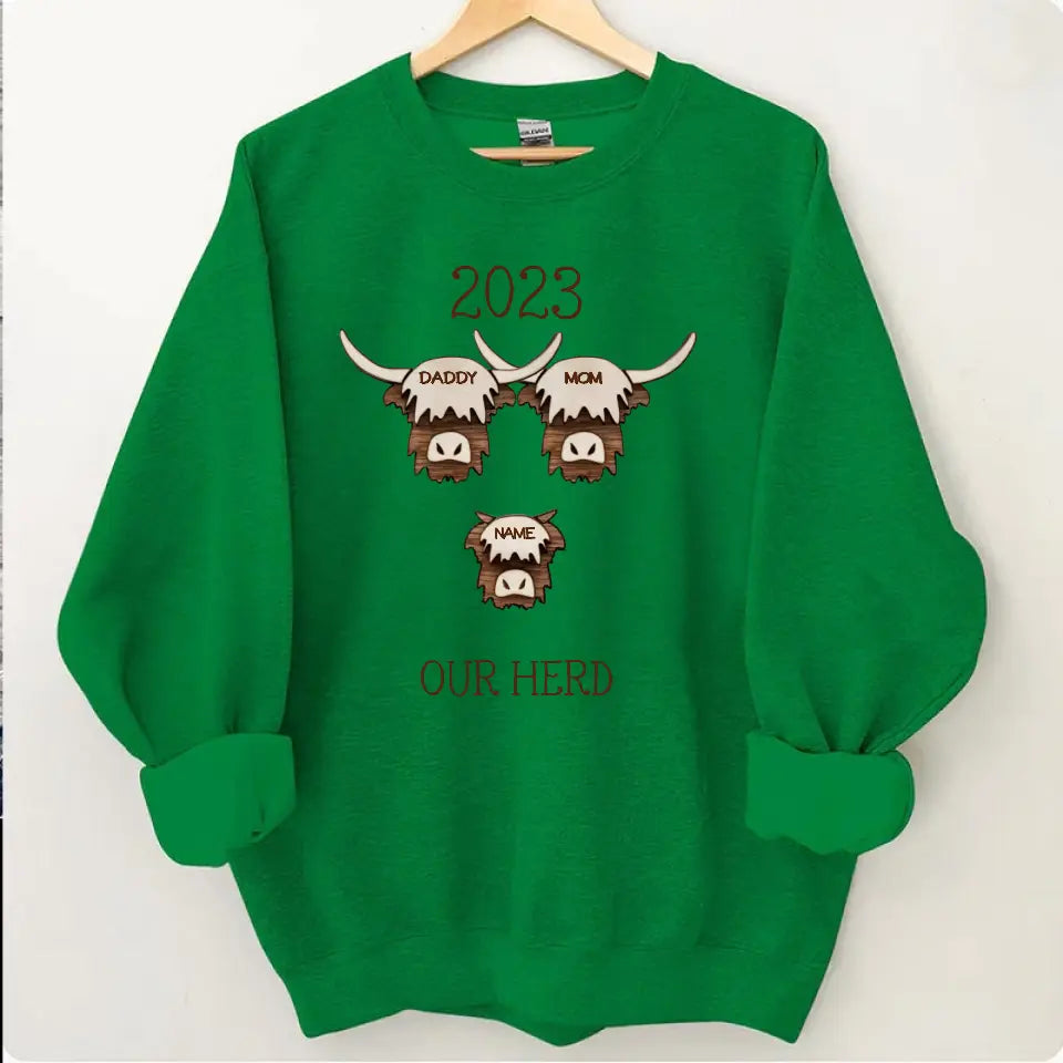 2023 Highland Cow Family Sweatshirt - Farmhouse Christmas Theme, Rustic Personalized Shirt for the Holidays