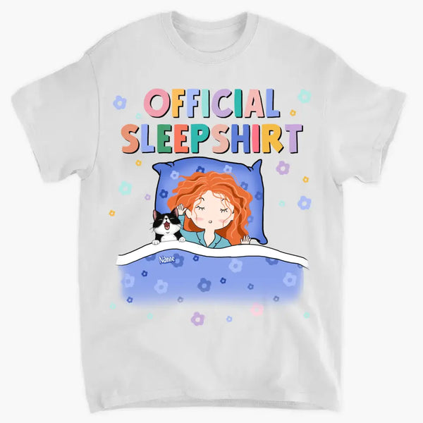 Offizielles Schlafshirt, süßes Mädchen mit ihrem Hund und ihrer Katze, Geschenk für Hunde- und Katzenmütter, personalisiertes T-Shirt für Hunde- und Katzenliebhaber