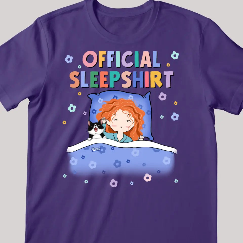 Official Sleep Shirt, Cute Girl With Her Dog & Cat, Dog & Cat Mom Gift, Personalized Dog & Cat Lover T-shirt