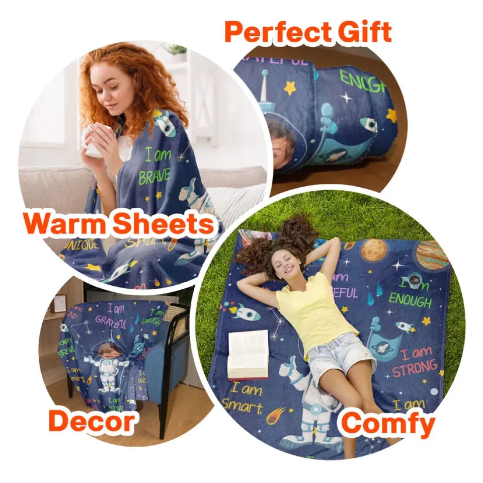 Kid Affirmations I Am Kind Smart Loved Astronaut – personalisierte Fotodecke 