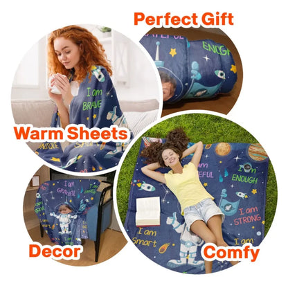 Kid Affirmations I Am Kind Smart Loved Astronaut – personalisierte Fotodecke 