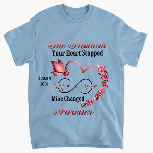 Memorial Butterfly Heart Infinity, Der Moment, in dem dein Herz stehen blieb, meins veränderte sich für immer, personalisiertes T-Shirt und Kapuzenpullover