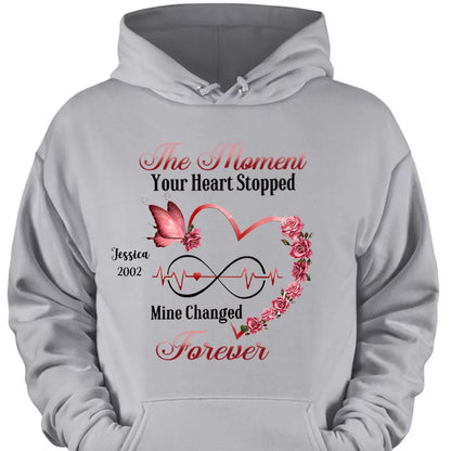 Memorial Butterfly Heart Infinity, The Moment Your Heart Stopped, Mine Changed Forever Personalized T-shirt & Hoodie