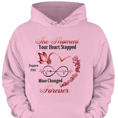 Memorial Butterfly Heart Infinity, The Moment Your Heart Stopped, Mine Changed Forever Personalized T-shirt & Hoodie