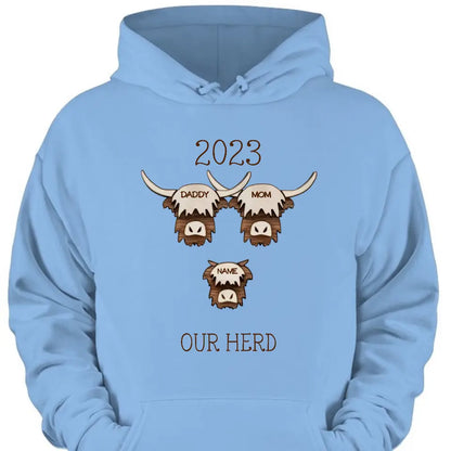 2023 Highland Cow Family Sweatshirt - Farmhouse Christmas Theme, Rustic Personalized Shirt for the Holidays