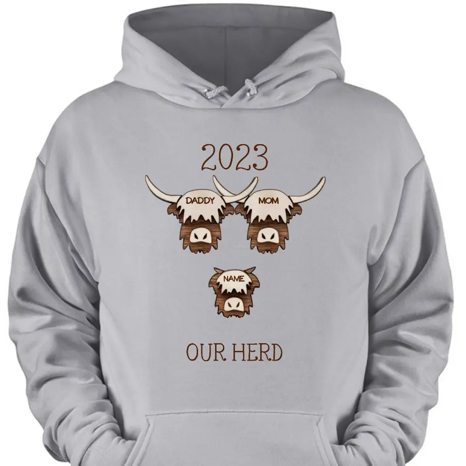 2023 Highland Cow Family Sweatshirt - Farmhouse Christmas Theme, Rustic Personalized Shirt for the Holidays