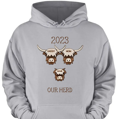 2023 Highland Cow Family Sweatshirt - Farmhouse Christmas Theme, Rustic Personalized Shirt for the Holidays