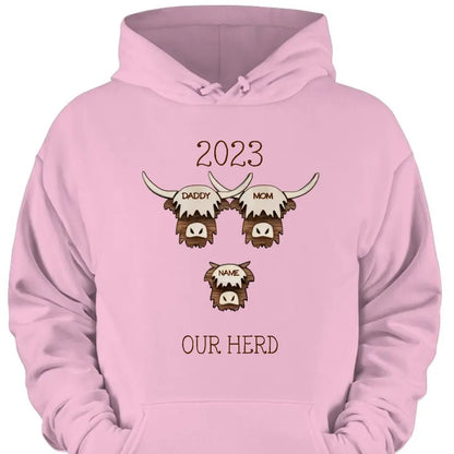 2023 Highland Cow Family Sweatshirt - Farmhouse Christmas Theme, Rustic Personalized Shirt for the Holidays