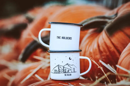Verlobungsgeschenke, individuelle Tasse für Paare, Geschenk, personalisierbar, 1 Berg-Camping-Tasse, rustikaler Verlobter, frisch verlobte Hochzeitsbraut, Lagerfeuerkaffee