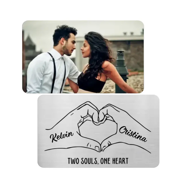 Two Souls One Heart with Couple Photo - Personalized Metal Wallet Card, Anniversary Gift for Him/Her/Wife/Husband/Finance