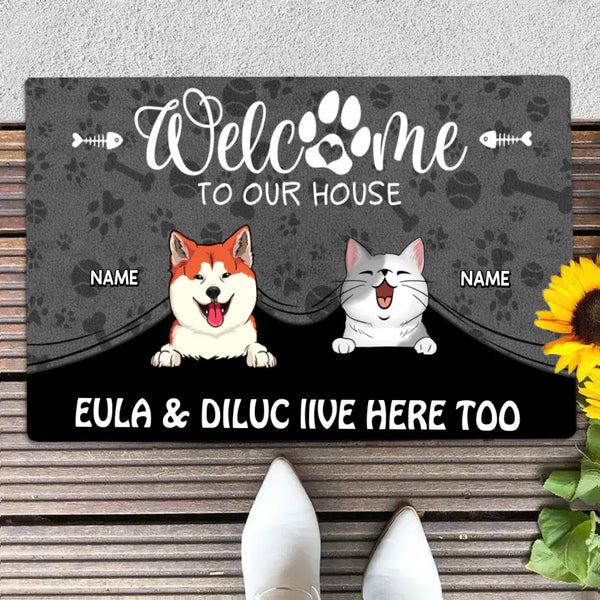 Welcome To Our House Custom Doormat, Gifts For Pet Lovers, Pet Peeking From Curtain Dark Front Door Mat