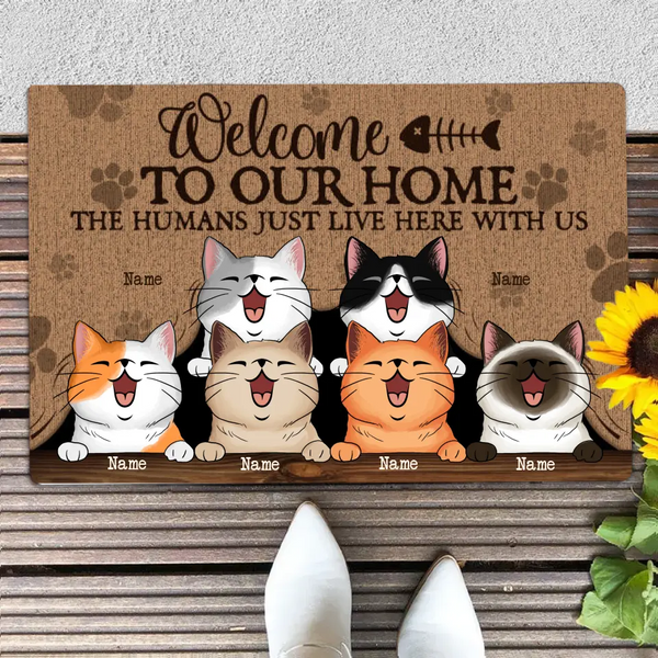 Welcome To Our Home Personalized Doormat, Gifts For Cat Lovers, Cats Behind Curtaine Front Door Mat