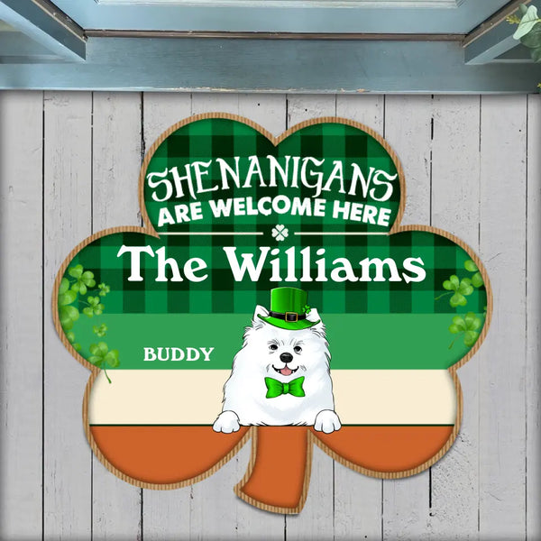 Shenanigans Are Welcome Here, For Patrick's Day, For Dog Lovers - Personalized Shamrock Shaped Doormat