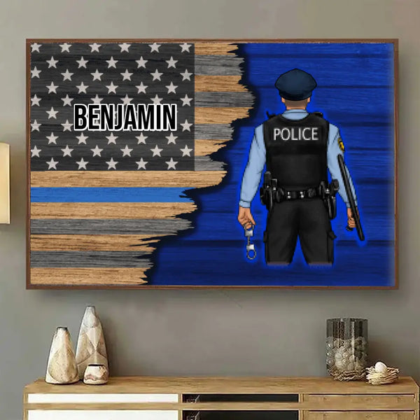 Personalized Canvas, Thin Line Blue American Flag, Gift For Police Officers