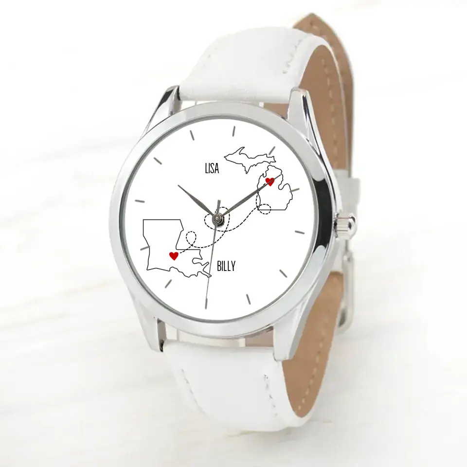 Personalized Map States Couple Gift Bestie Bestfriends Watch Leather Band Printed