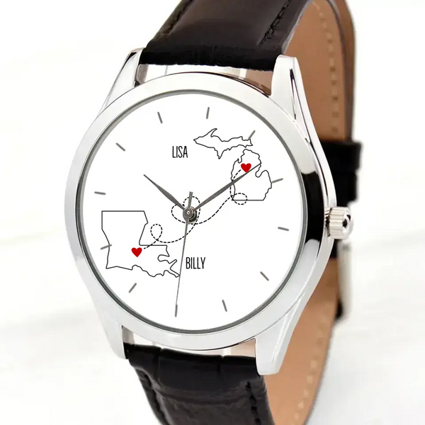 Personalized Map States Couple Gift Bestie Bestfriends Watch Leather Band Printed