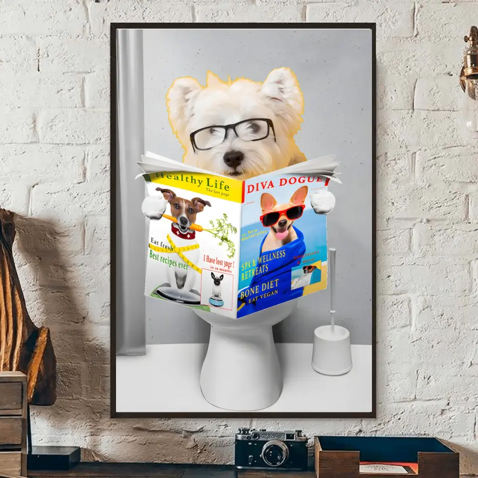 Custom Photo Dog Cat Read Newspaper In Toilet Poster