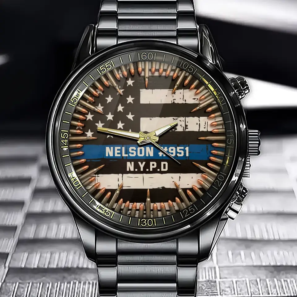 Personalized US Police Blueline Custom Name & Department Watch Printed