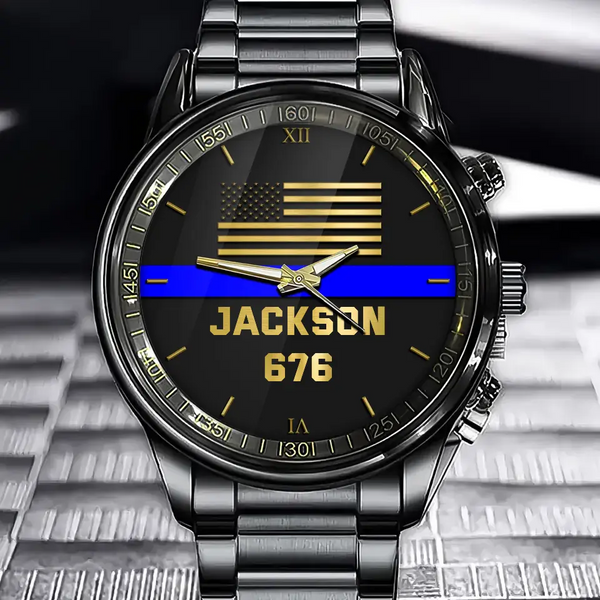 Personalized US Police Thin Blue Line Custom Name & ID Watch Printed