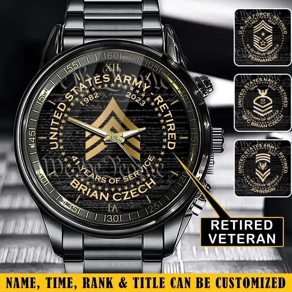 Personalized US Army Retired Custom Rank & Time Watch Printed