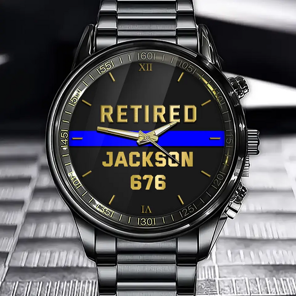 Personalized Retired Police Blue Line Custom Name & ID Watch