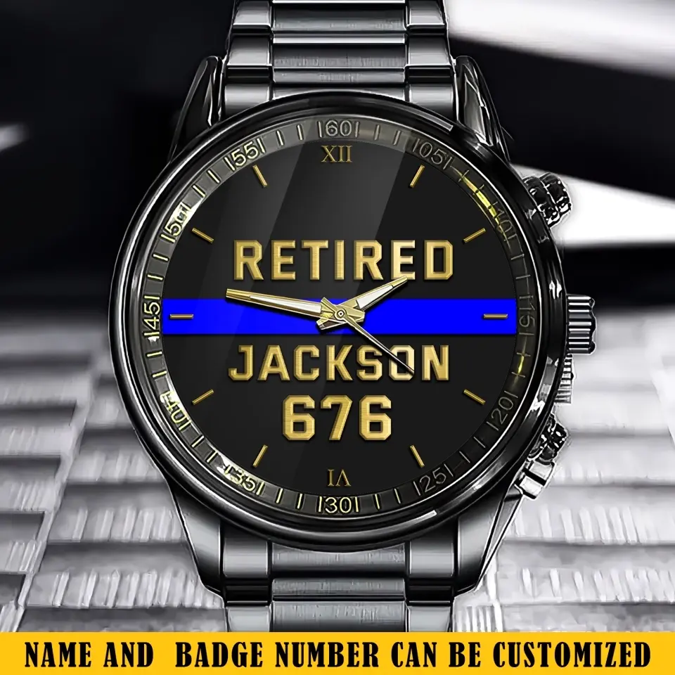 Personalized Retired Police Blue Line Custom Name & ID Watch