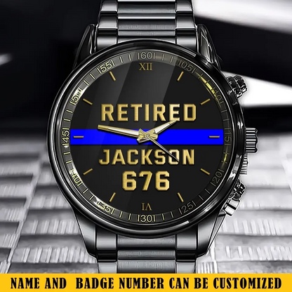 Personalized Retired Police Blue Line Custom Name & ID Watch
