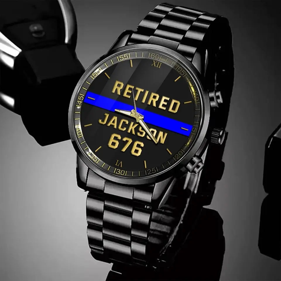 Personalized Retired Police Blue Line Custom Name & ID Watch
