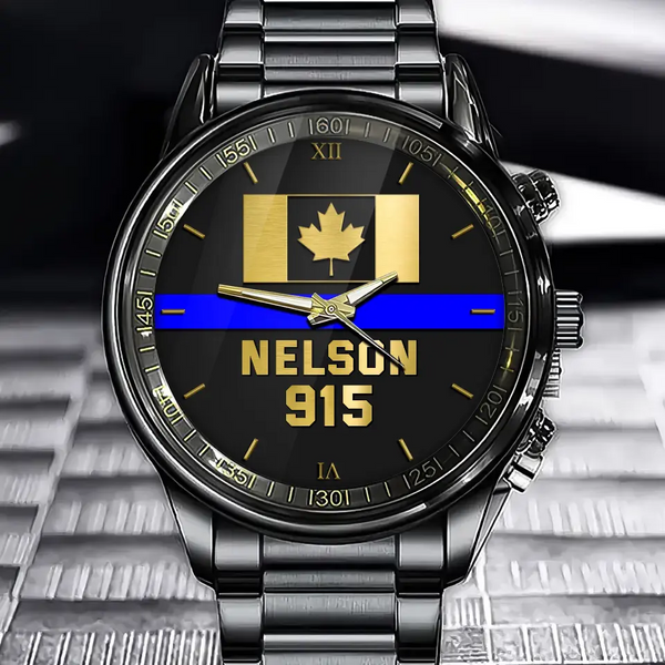 Personalized Canadian Police Blue Line Custom Name & ID Watch