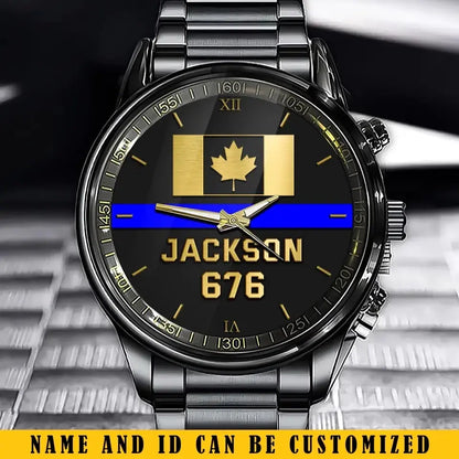 Personalized Canadian Police Blue Line Custom Name & ID Watch