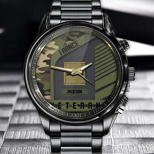 Montre personnalisée avec grade de vétéran français en camouflage et nom personnalisé