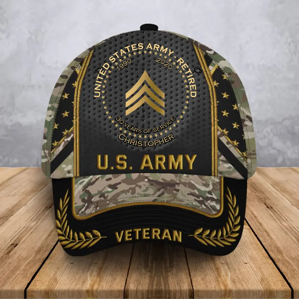 Personalized US Army Veteran Rank Camo Custom Name & Served Time 3D Cap