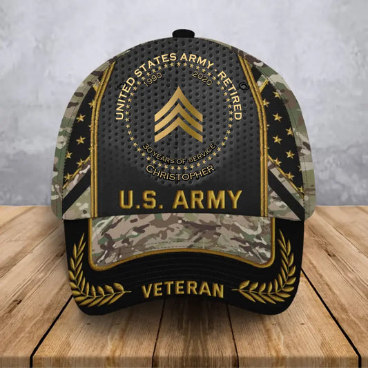 Personalized US Army Veteran Rank Camo Custom Name & Served Time 3D Cap