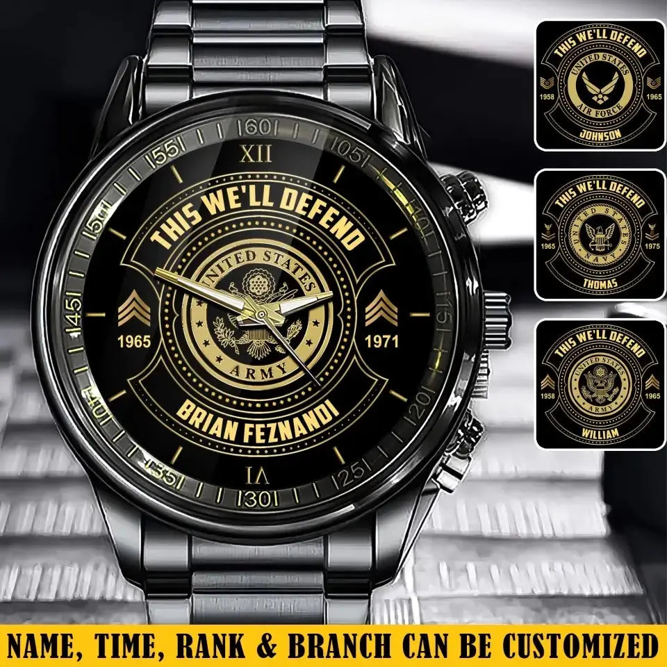 Personalized This We'll Defend US Army Veteran Custom Rank & Name Number Watch
