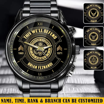 Personalized This We'll Defend US Army Veteran Custom Rank & Name Number Watch