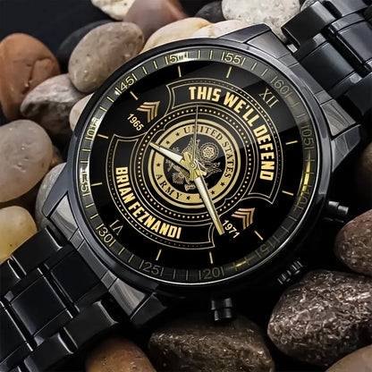 Personalized This We'll Defend US Army Veteran Custom Rank & Name Number Watch